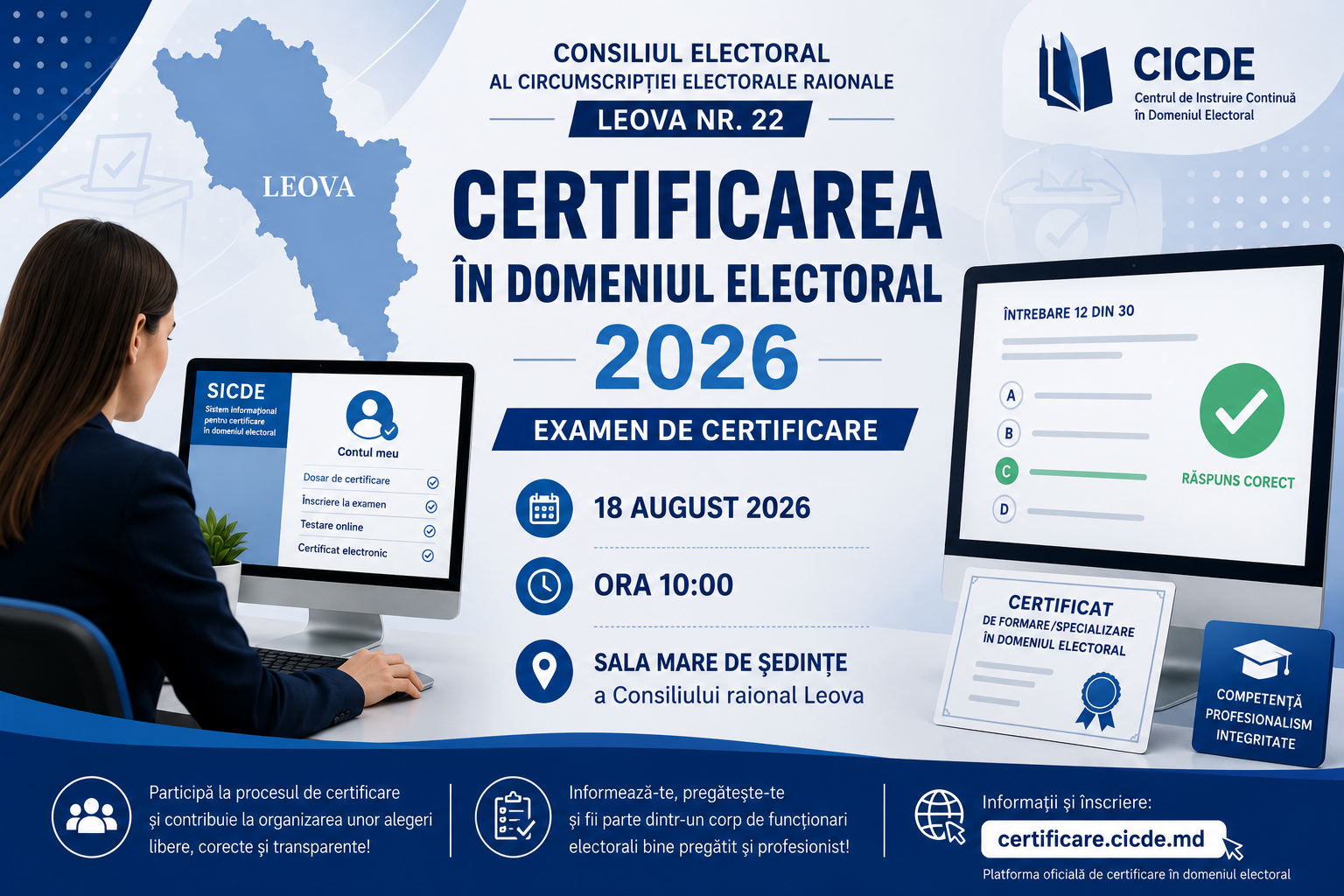 Examenul de certificare a formării/specializării în domeniul electoral, sesiunea 2026,  în raionul Leova